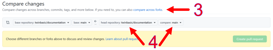 GitHub’s Compare changes page, with the compare across forks link marked, and below it the head repository and compare branch selectors