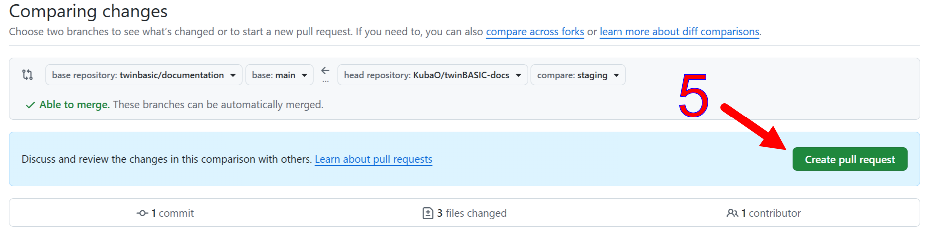 The comparison after choosing the fork and branch, reporting Able to merge, with the green Create pull request button marked
