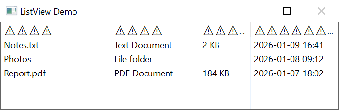 A ListView whose column header text has been replaced by rows of warning symbols, marking the use of a freed string