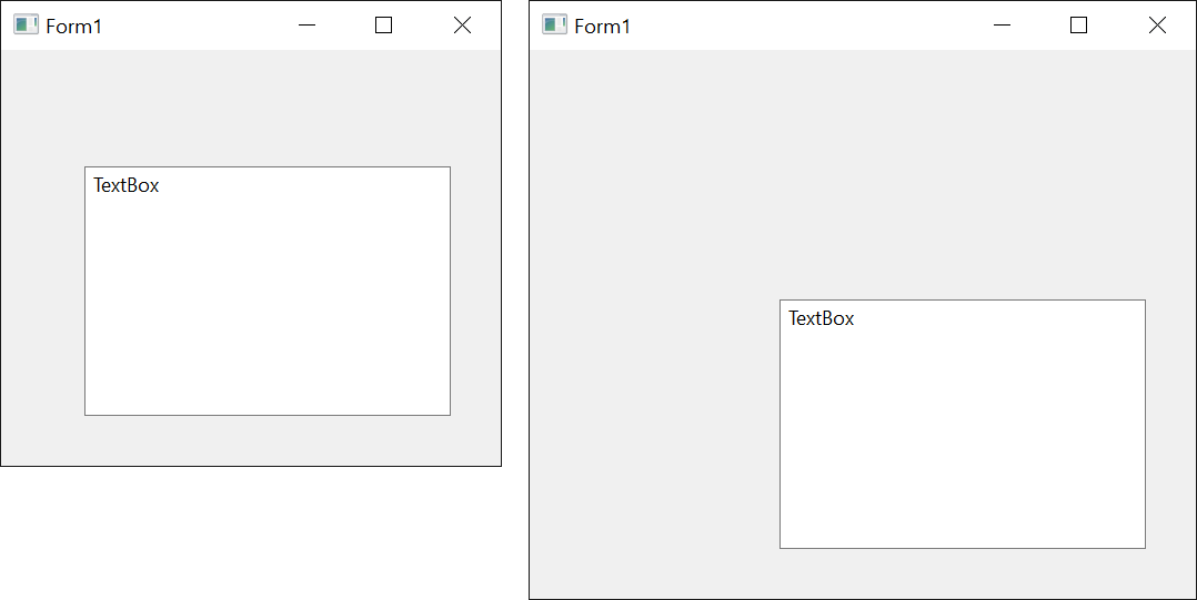 A form before and after resizing, where a TextBox anchored right and bottom keeps its size and moves with the corner