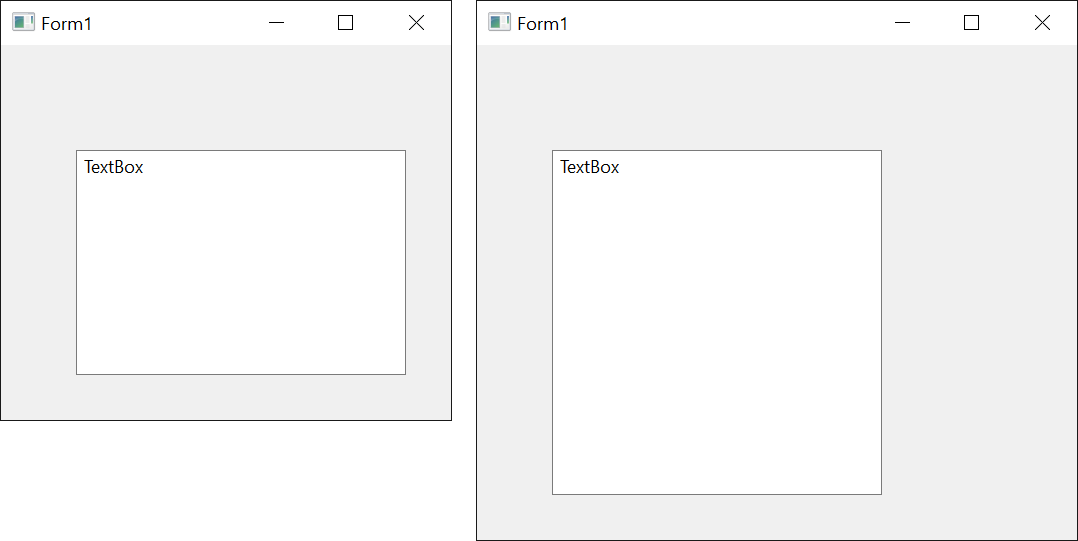 A form before and after resizing, where a TextBox anchored top, left and bottom grows taller but not wider