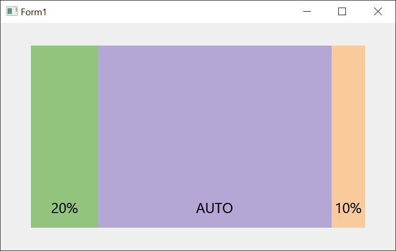 A form divided into three coloured frames by the Multiframe control, sized at 20 percent, AUTO and 10 percent