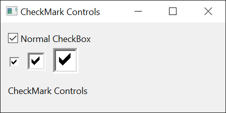 A window comparing a normal CheckBox with three CheckMark controls drawn at increasing sizes
