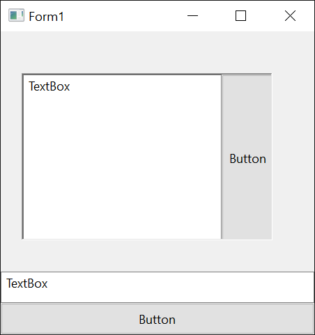 A form with a TextBox and a Button both docked to the bottom, and above them a PictureBox holding a Button docked right with a TextBox filling the rest