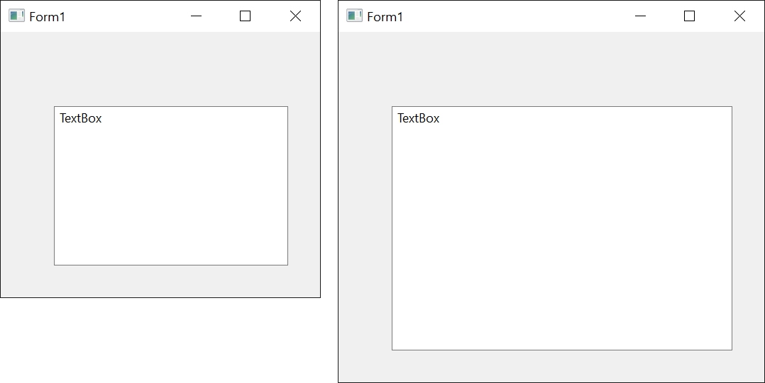 A form before and after resizing, where a TextBox anchored on all four sides grows in both directions