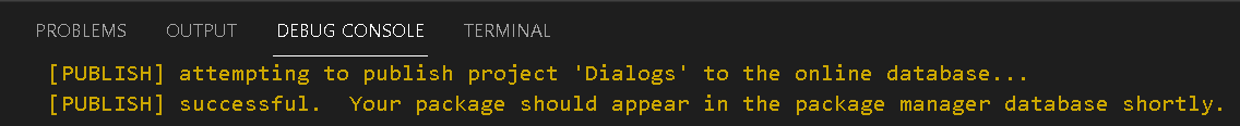 The DEBUG CONSOLE showing the publish attempt followed by a successful result