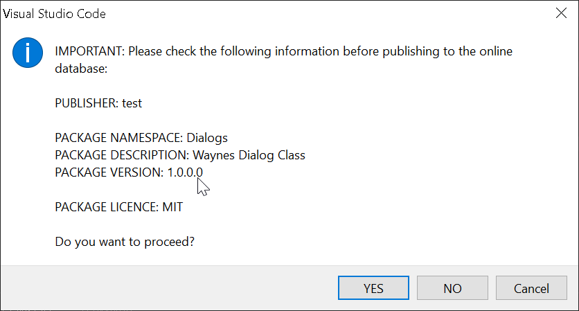 A confirmation dialog listing the publisher, package namespace, description, version and licence, asking whether to proceed