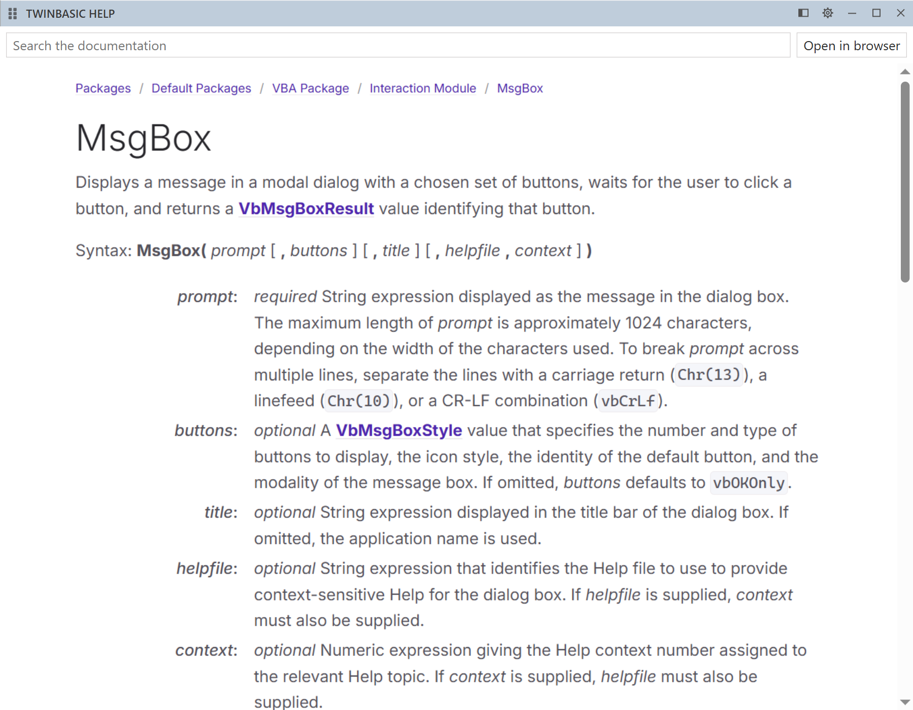 The help window, detached from the IDE. Its title bar reads TWINBASIC HELP, with a grip on the left and Attach, settings, minimize, maximize and close buttons on the right. Under it are the search box, the Open in browser button and the MsgBox page.