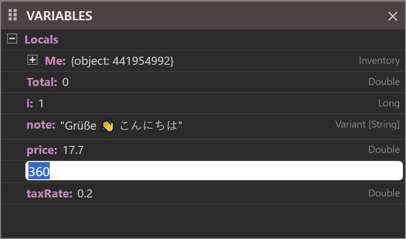 The VARIABLES panel with the locals of a function. The row of subtotal is a white text box across the panel, holding its value, 360, selected.