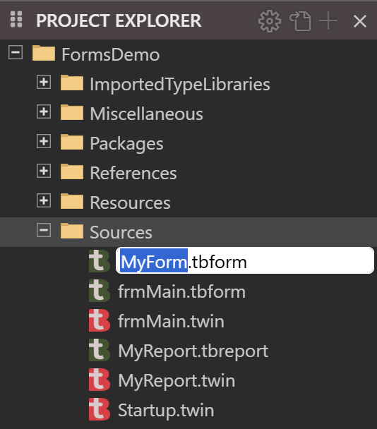 The Project Explorer in its file view with the Sources folder expanded. The first row under Sources is a name box holding MyForm.tbform, with MyForm selected; the project’s own files follow it.