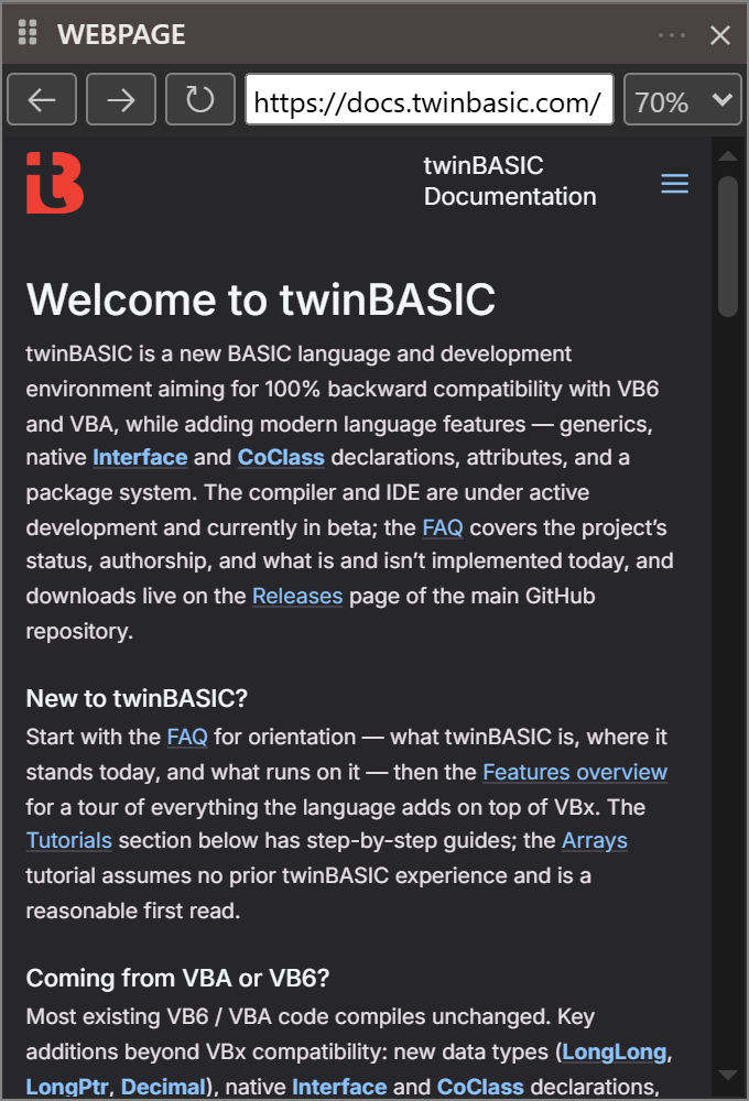 The Webpage pane hosting a browser view: back, forward and reload buttons, an address bar holding https://docs.twinbasic.com/, and a zoom dropdown set to 70 per cent, above the home page of the twinBASIC documentation rendered inside the pane.