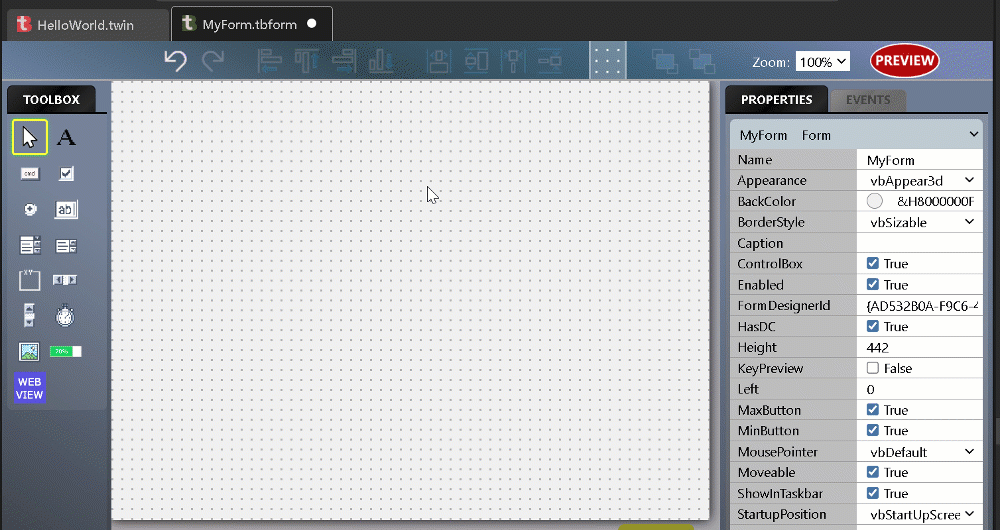 Animation of a WebView2 control being drawn onto a blank form in the designer